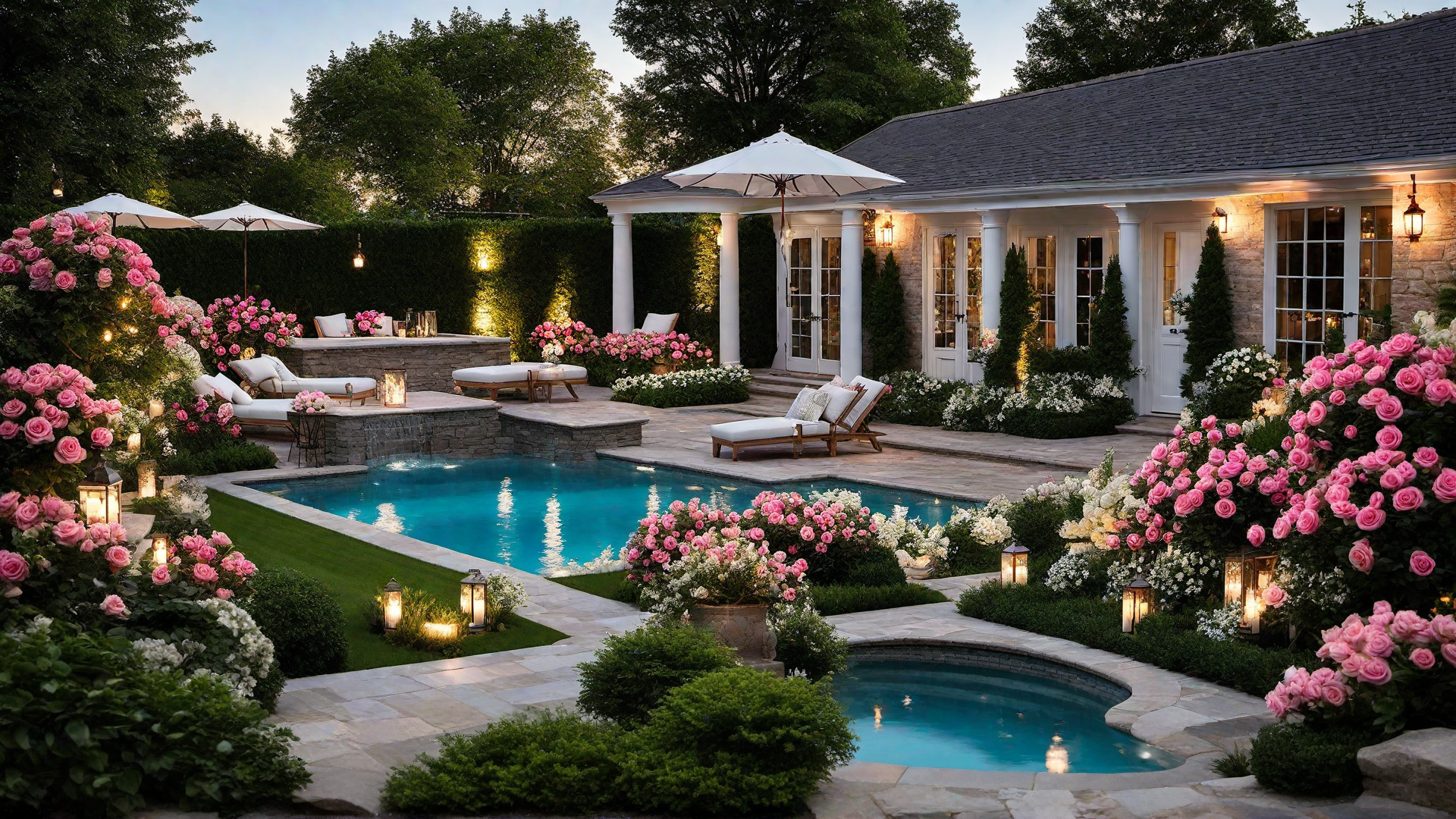 Romantic Haven: Pool with Rose Garden and Romantic Lighting