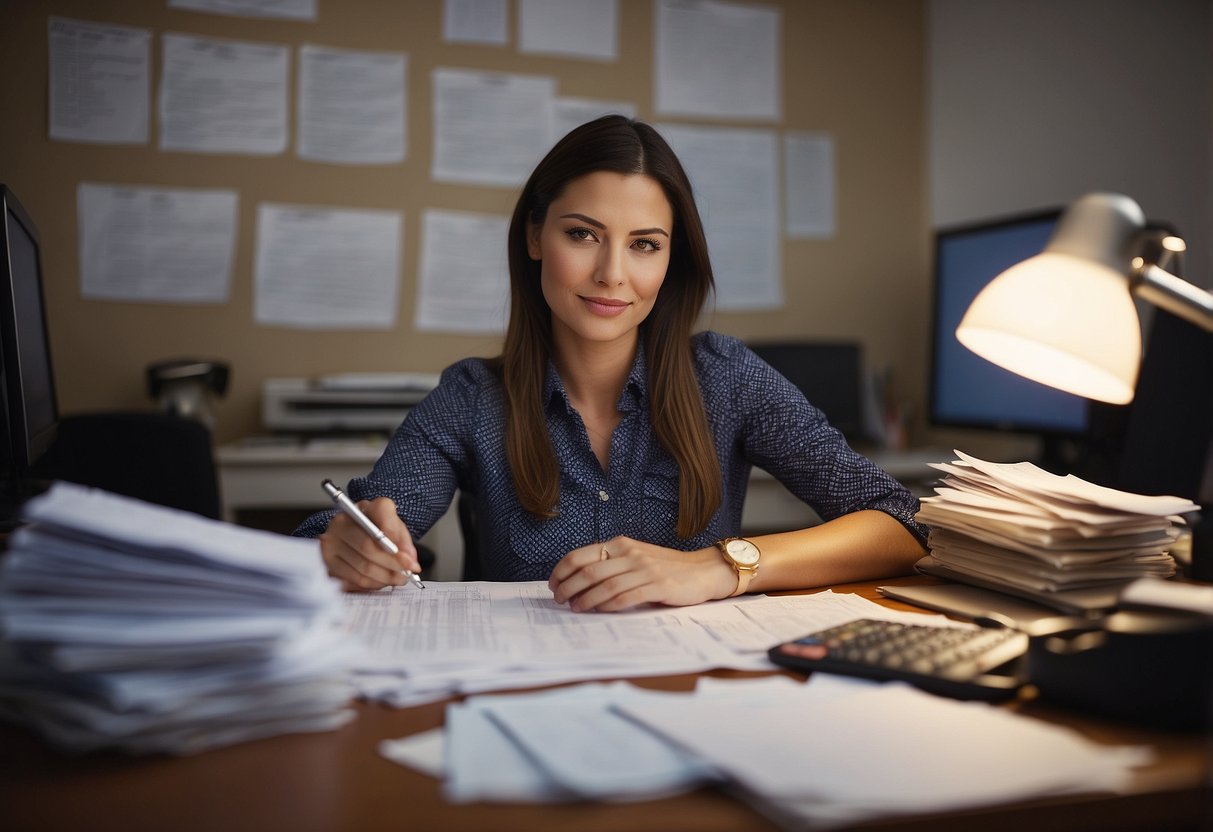 A woman sits at her desk, surrounded by bills and budgeting spreadsheets. She's crossing off unnecessary expenses and prioritizing her financial goals