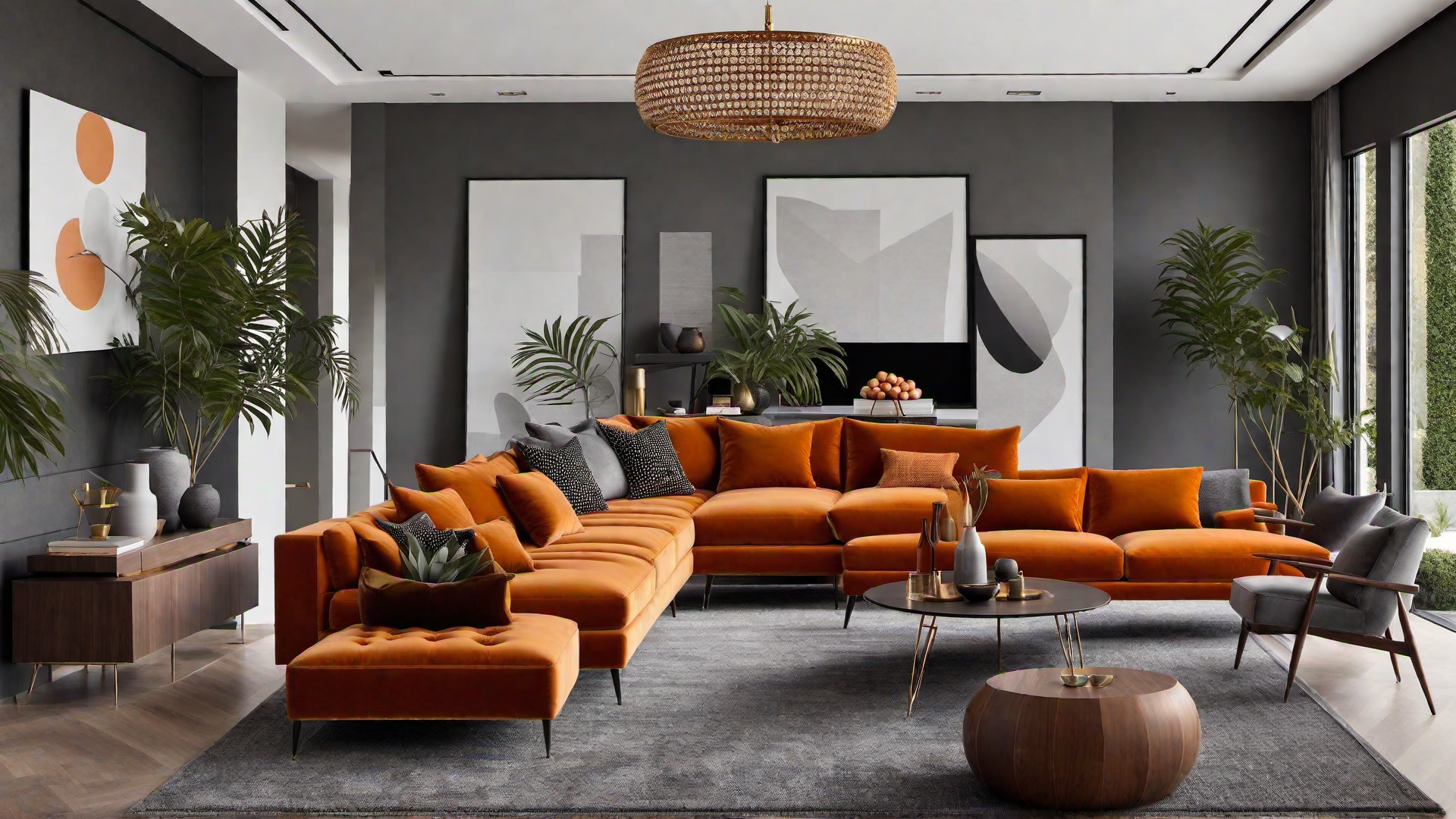 Contemporary Elegance: Orange Velvet Sofa