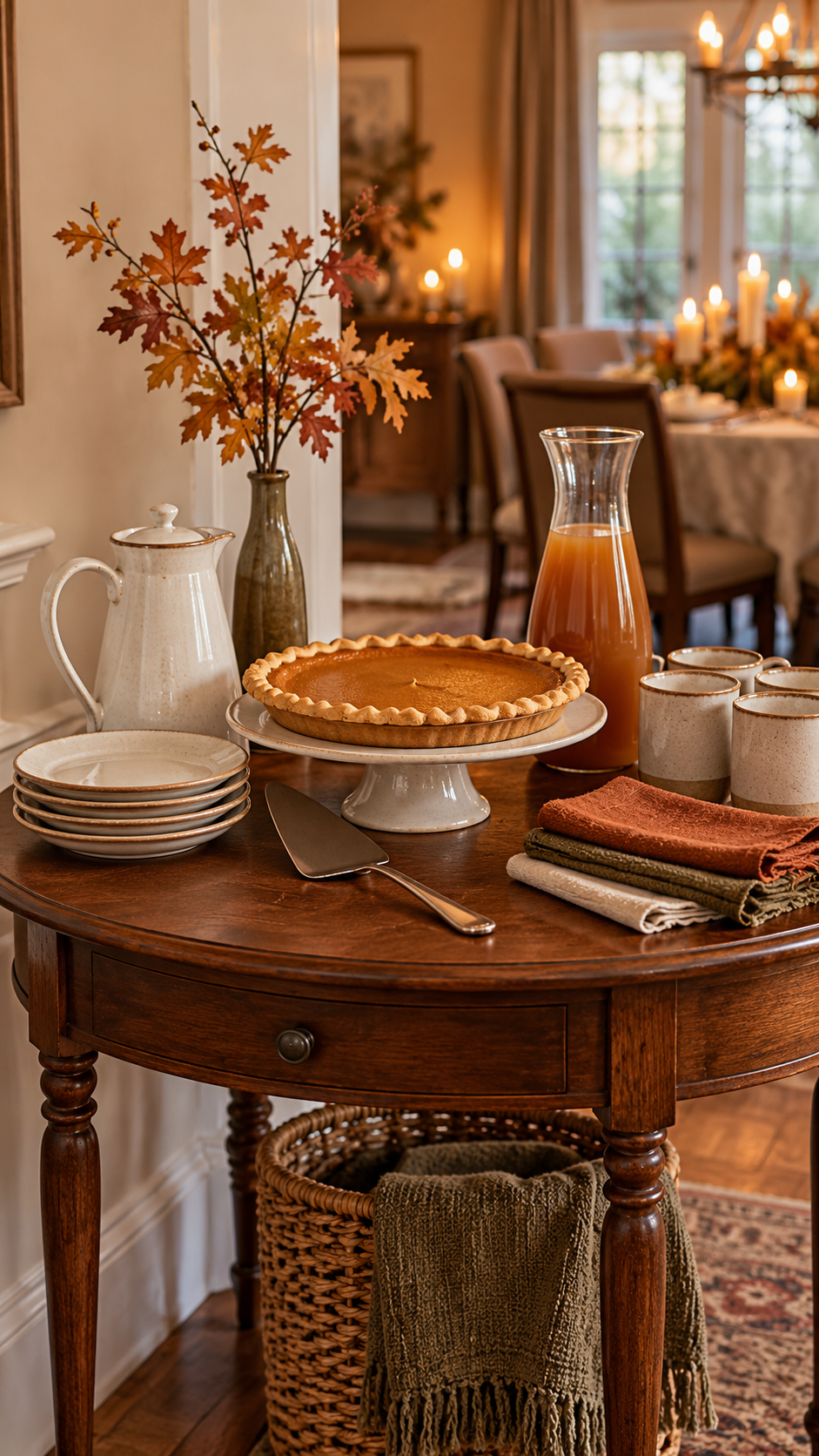 A separate Thanksgiving dessert and drink station with pumpkin pie, dessert plates, coffee, cider, and folded napkins