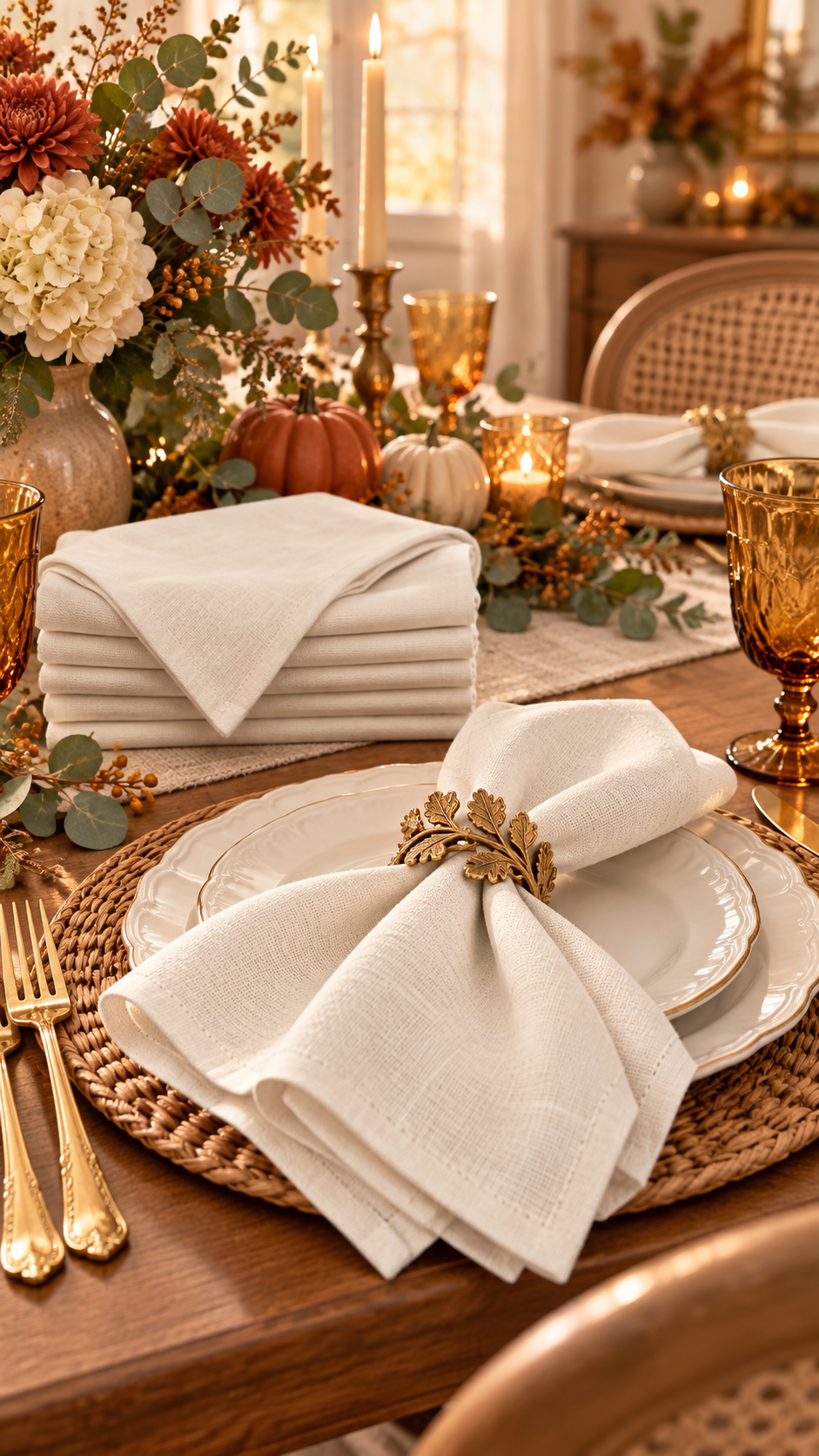 Ivory linen blend napkins styled at a Thanksgiving place setting