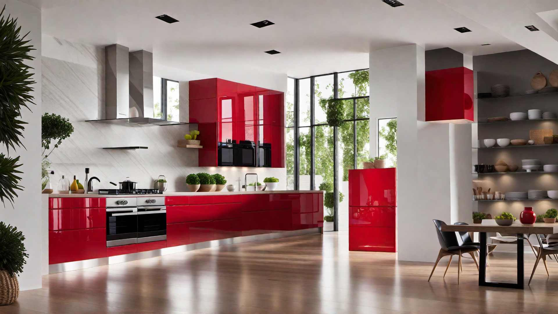Sleek and Stylish: Red Lacquer Cabinet in a Modern Kitchen