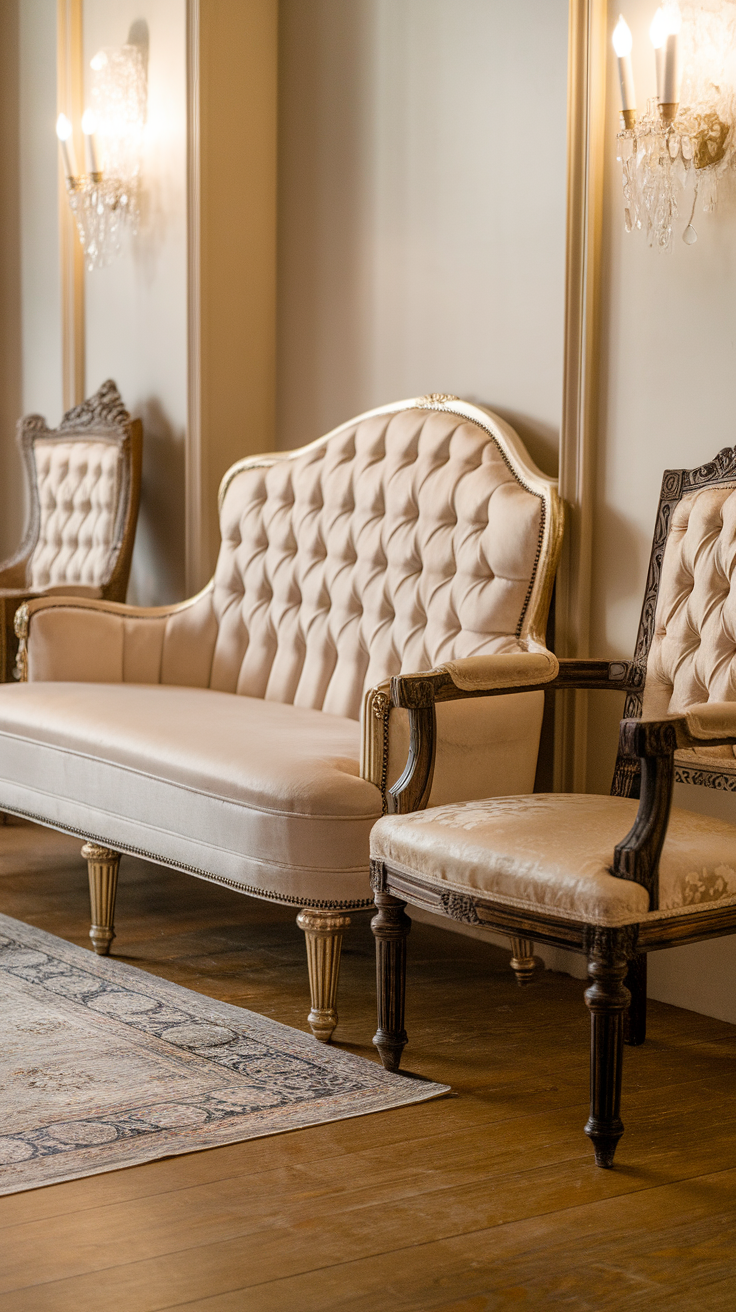 A beautifully arranged traditional living room featuring a tufted sofa and elegant chairs.