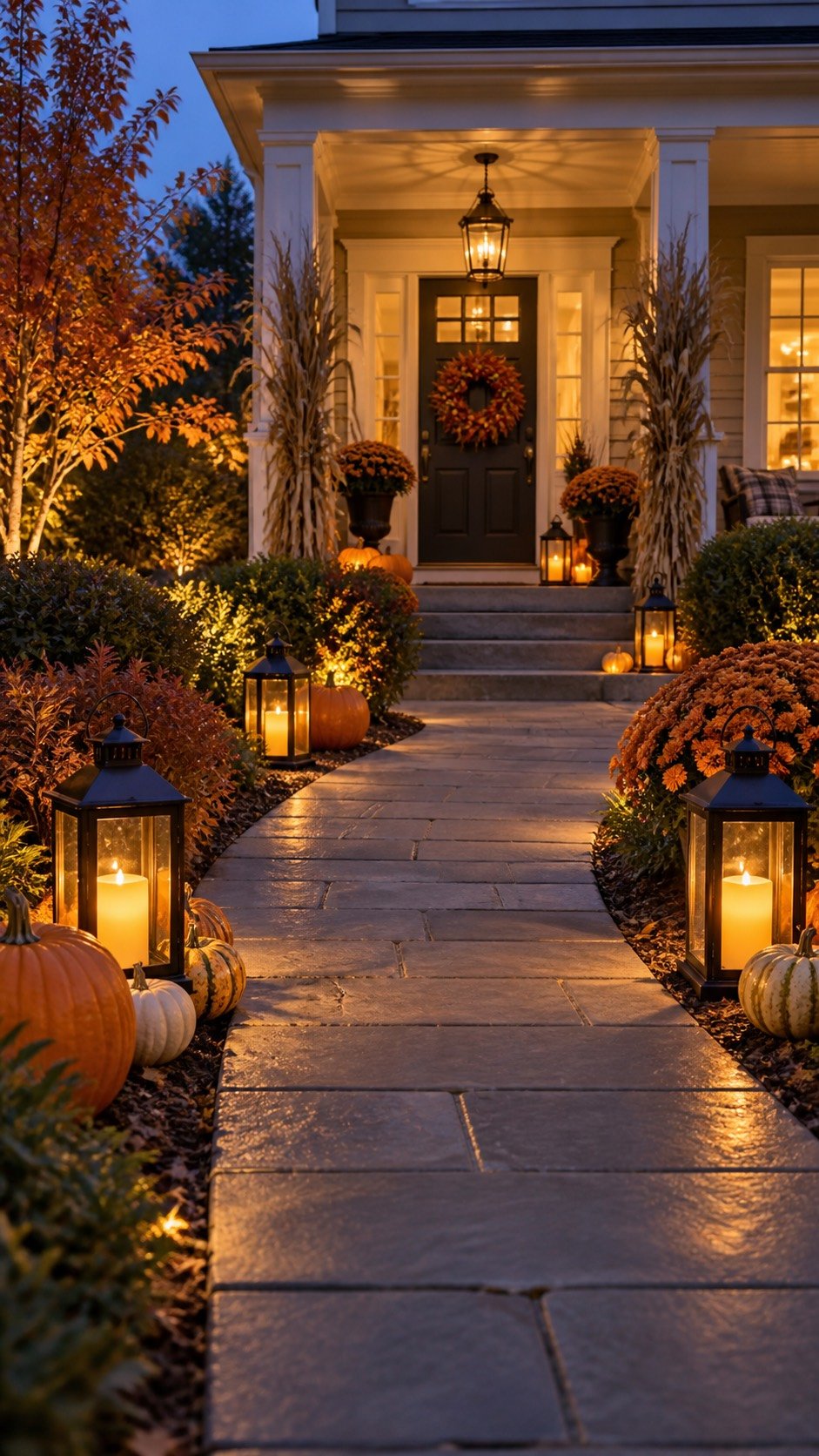 Halloween walkway with lanterns and pumpkins at dusk