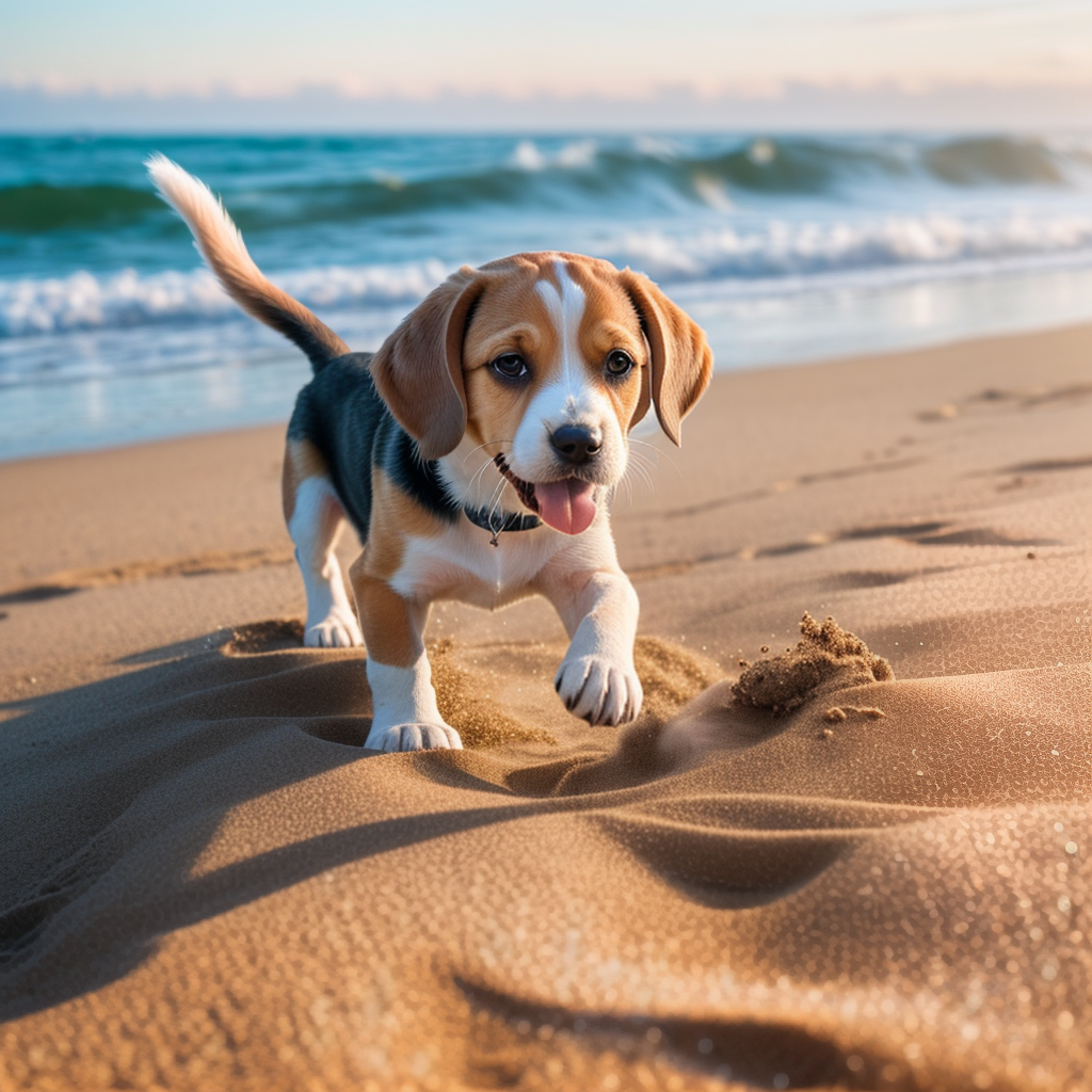 Beagle Puppy Digging in the Sand