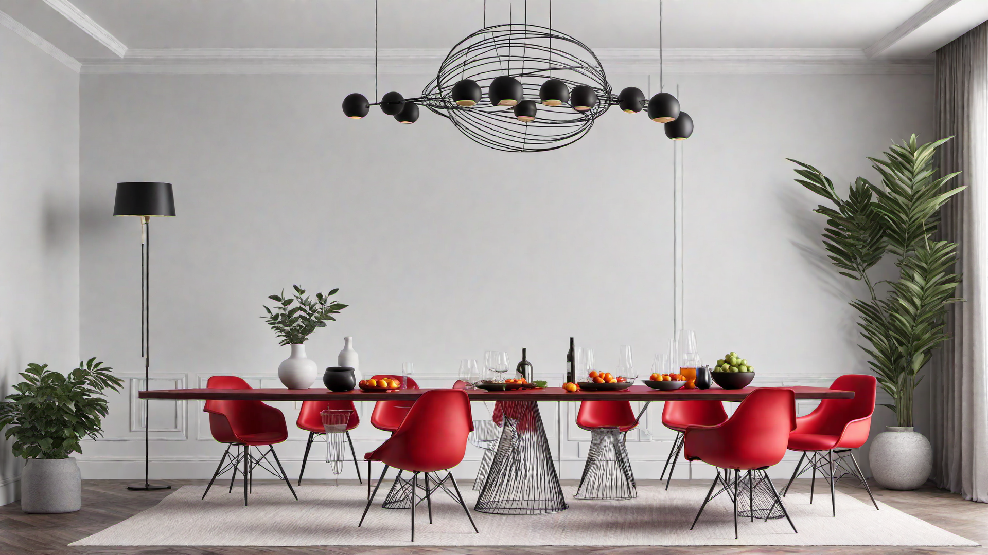 Minimalist Beauty: Red Wire Chairs around a Dining Table