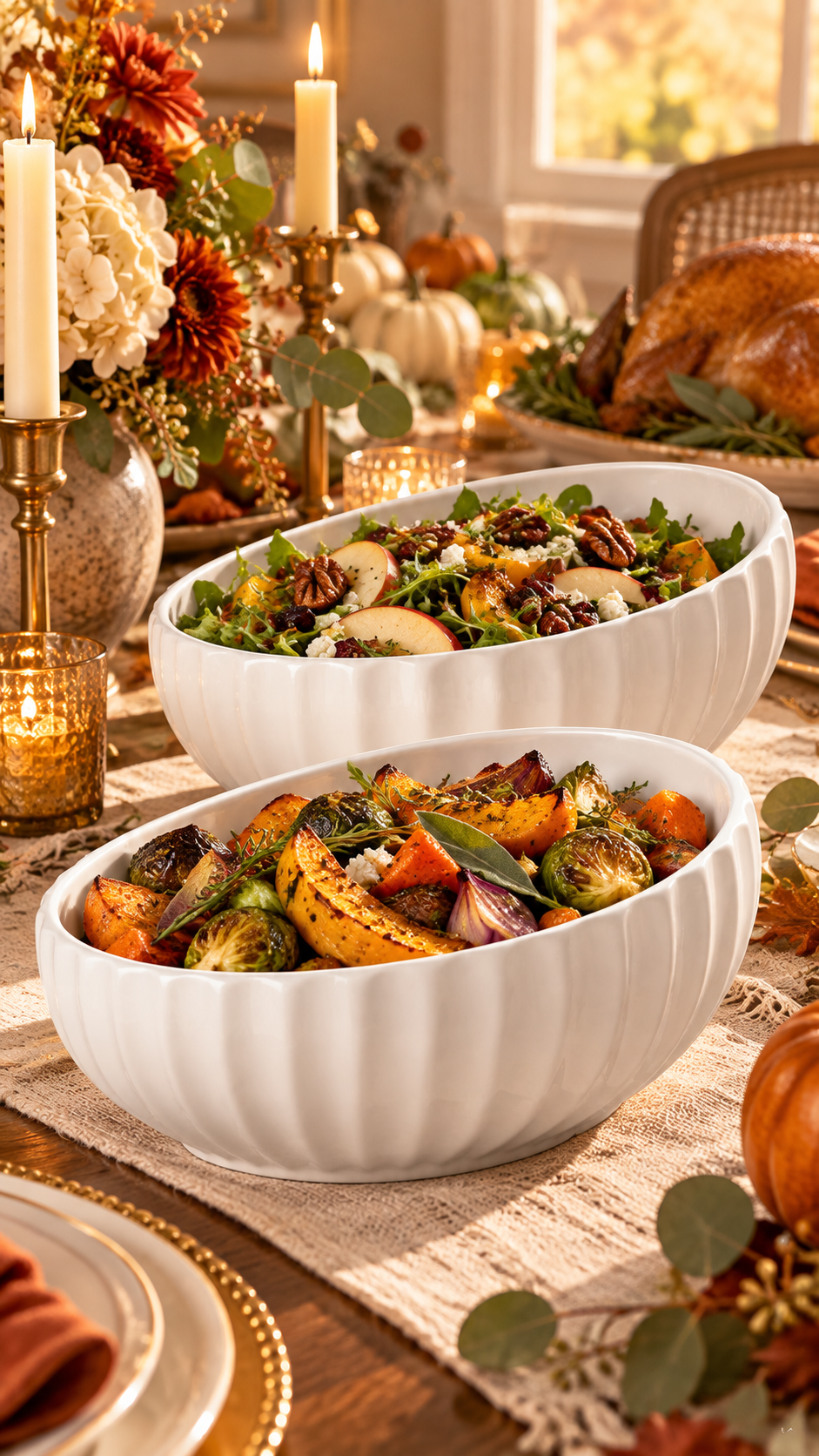 White pumpkin shaped ceramic serving bowls filled with Thanksgiving sides