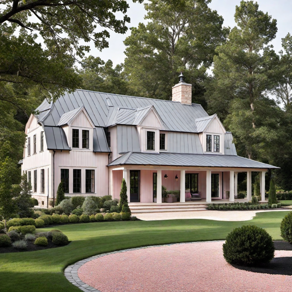 Subtle Pink Farmhouse with Grey Roof