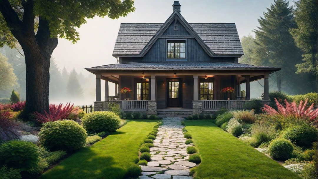 Farmhouse with Lush Landscaping and Stone Pathway