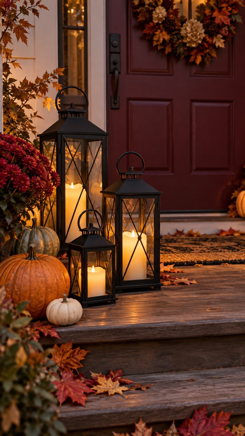 Black lanterns with battery candles on a Halloween porch
