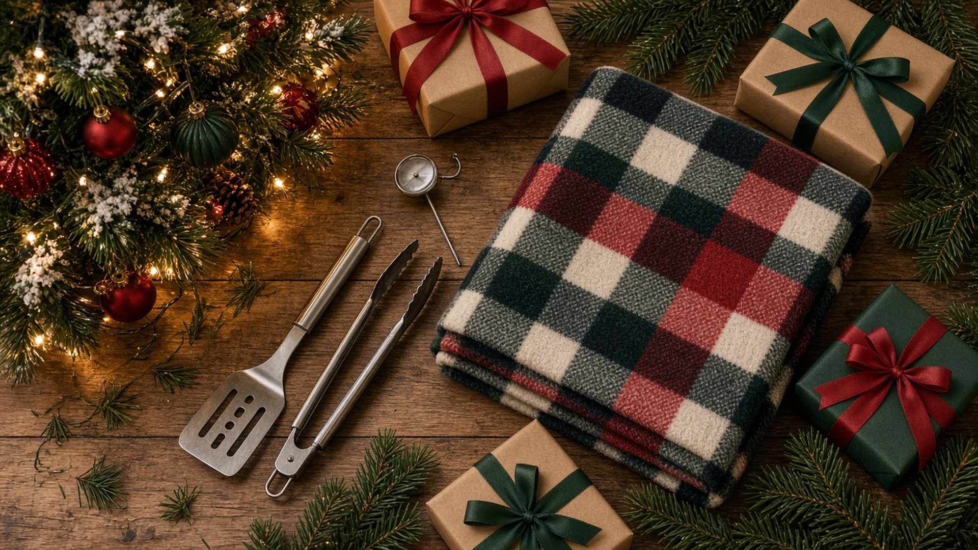 Festive flat-lay of Christmas gifts for dad by a Christmas tree