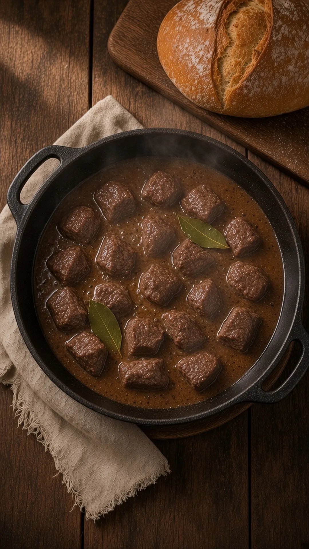 Browned beef simmering in dark gravy with bay leaves in a Dutch oven
