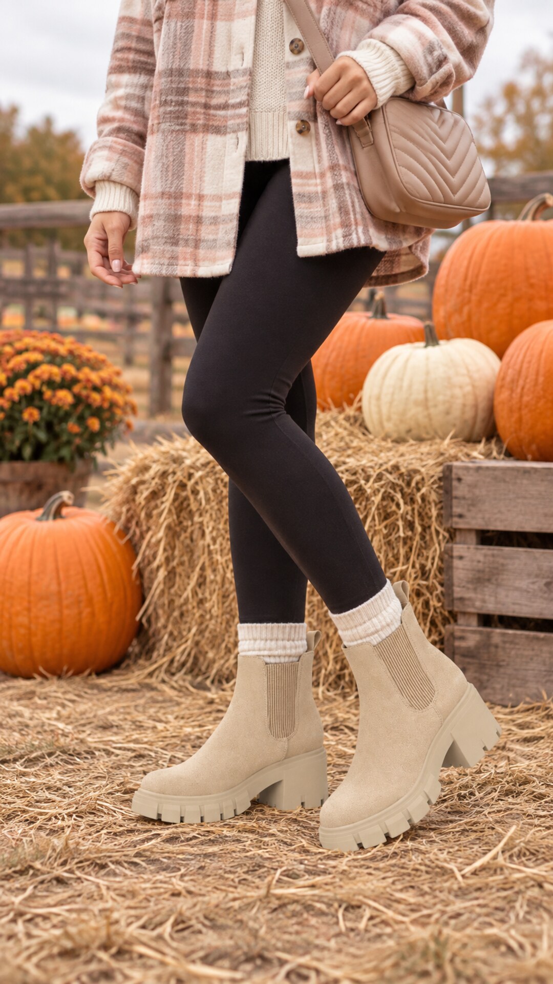 Cream chunky Chelsea boots styled with black leggings and a blush plaid shacket at a pumpkin patch