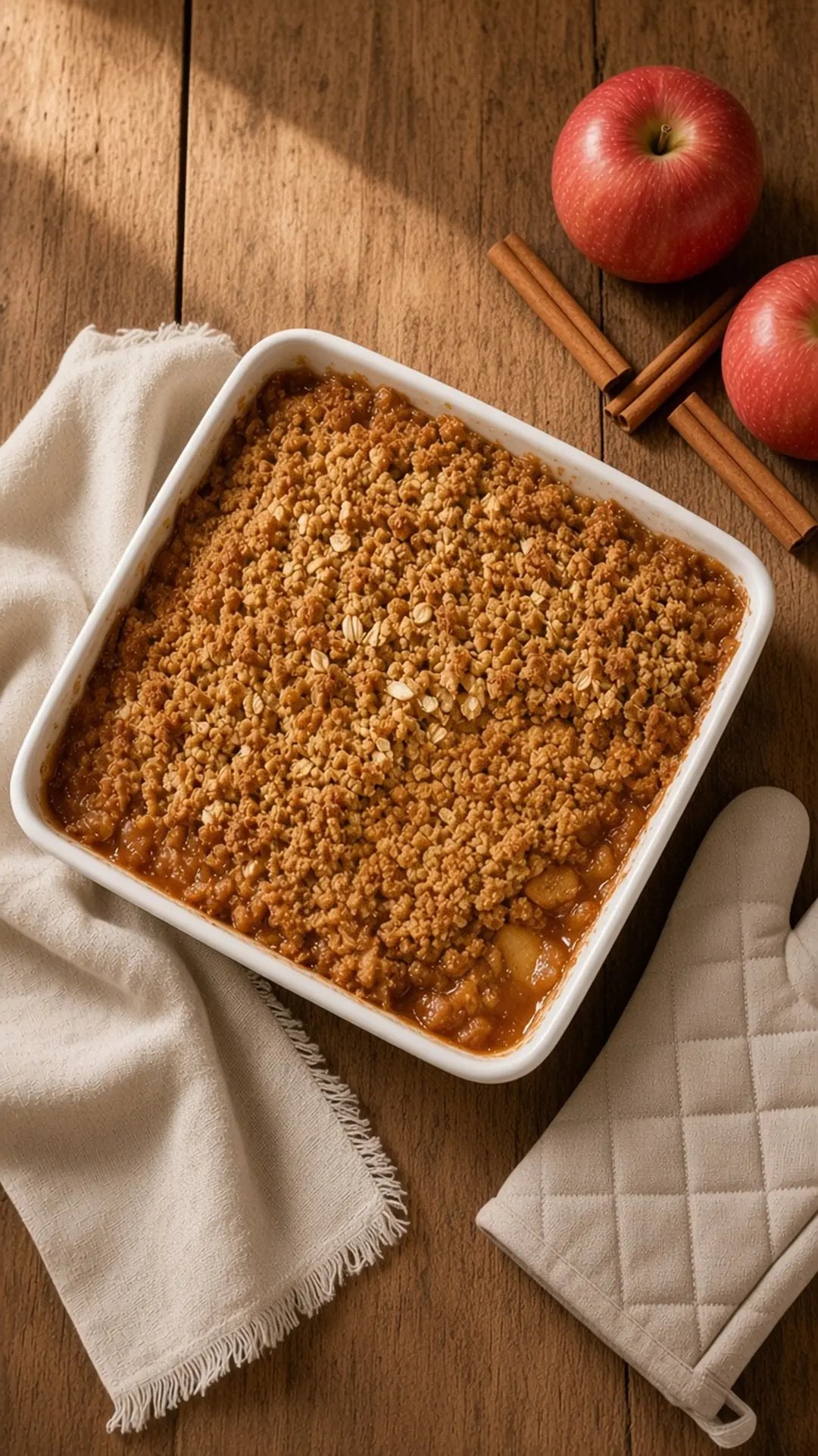 Golden baked apple crisp with bubbling edges fresh from the oven