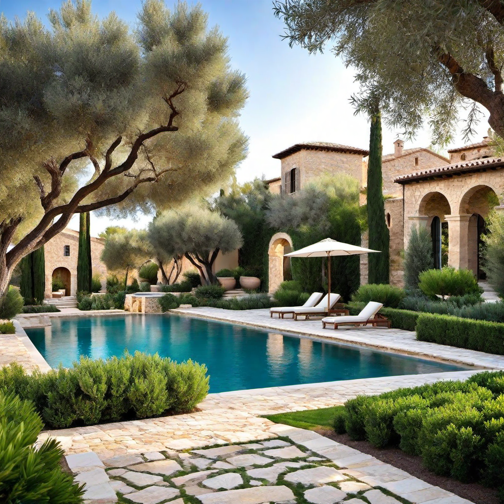 Mediterranean Magic: Poolside Landscape with Olive Trees