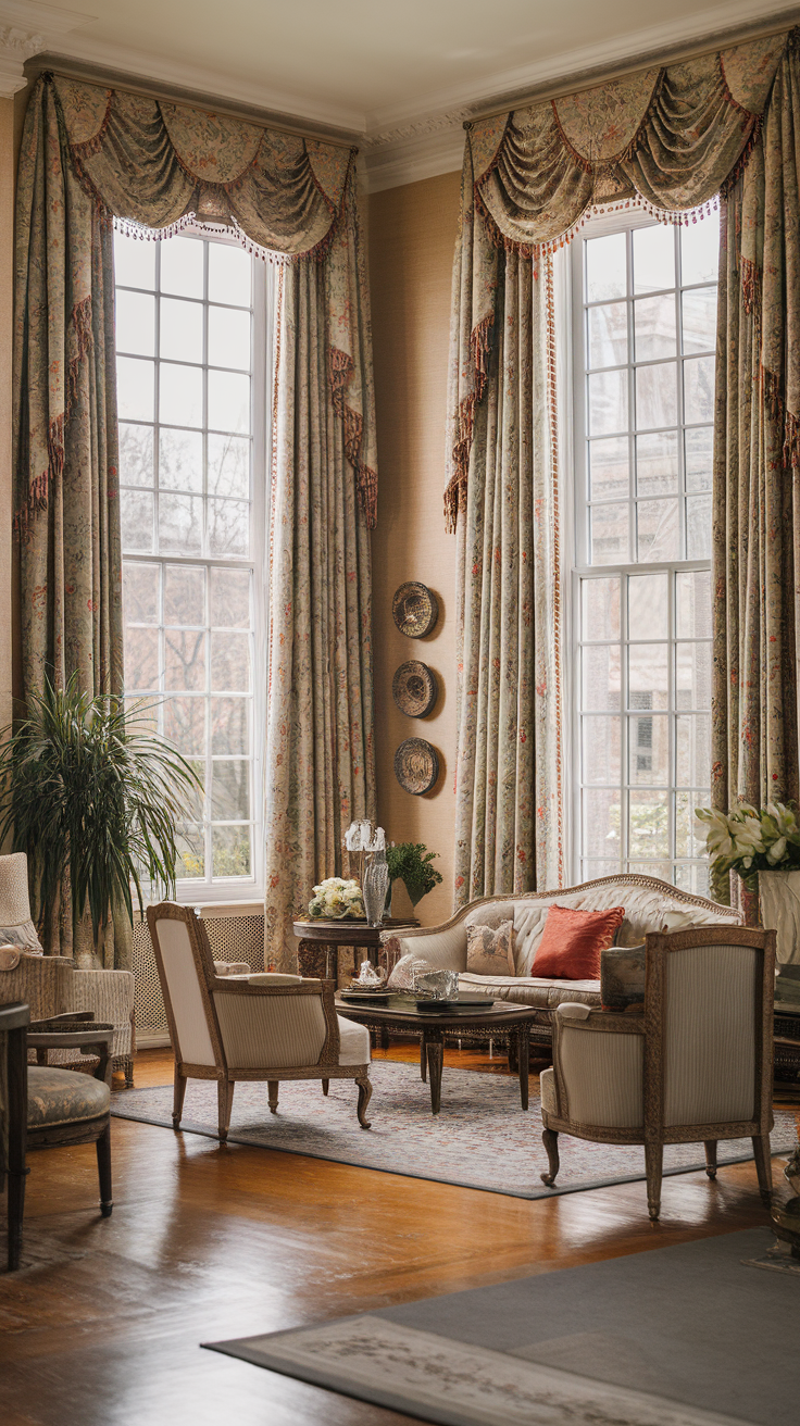 A cozy living room featuring classic window treatments with elegant drapes and light sheers.