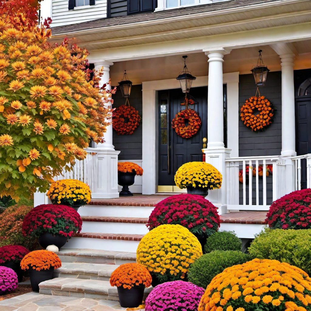 Colorful Display: Mums and Fall Foliage
