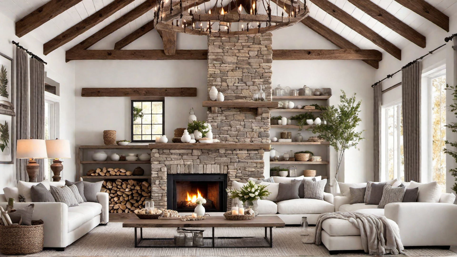 Rustic White Living Room with Exposed Beams and Fireplace