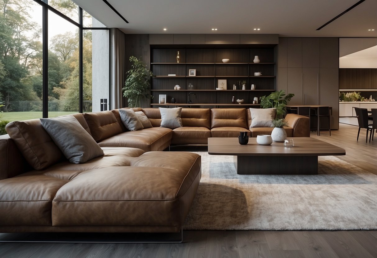 A spacious living room with oversized leather sectionals dominating the space, overshadowing other design elements