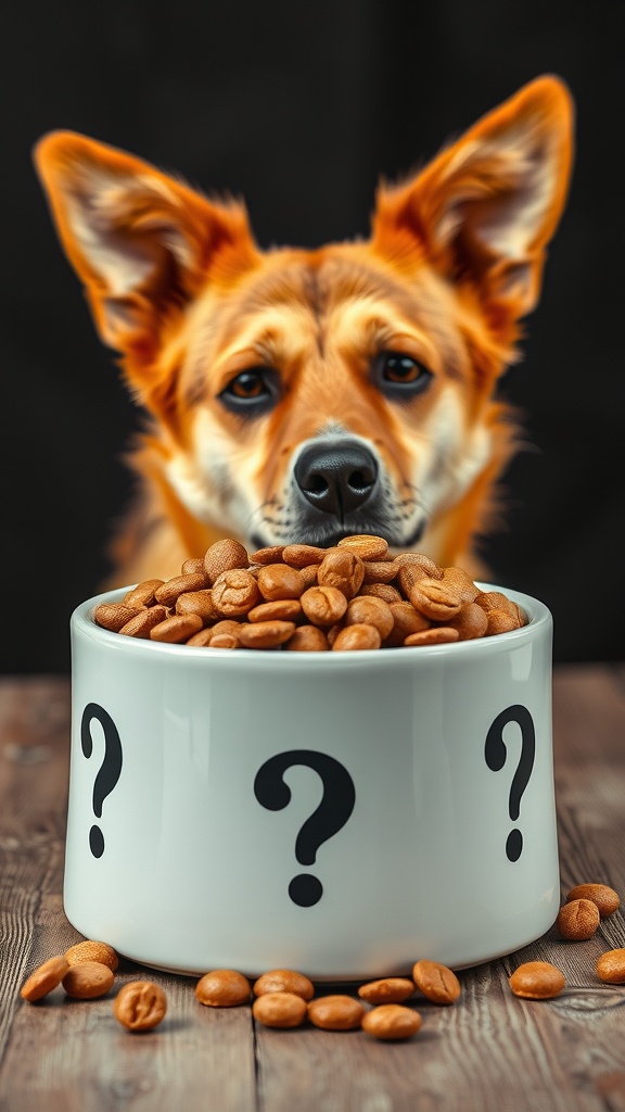 A dog looking at a bowl filled with treats, questioning their suitability.