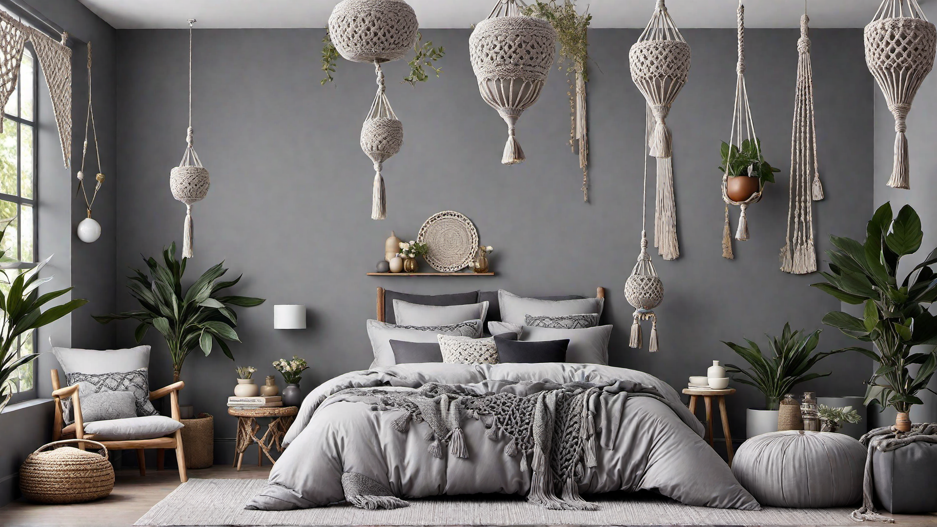 Grey Boho Chic Bedroom with Macrame Accents