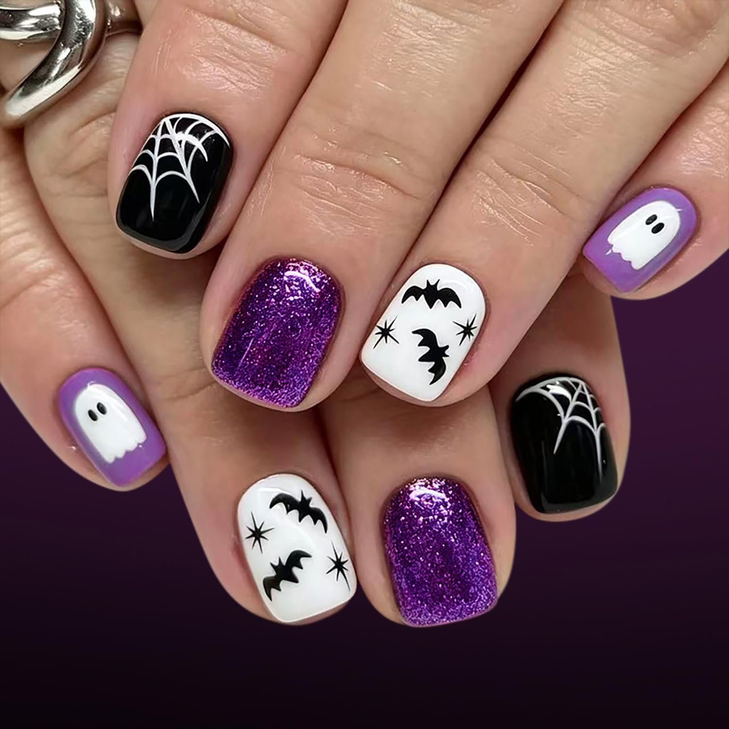 Purple glitter ghost Halloween press-on nail set
