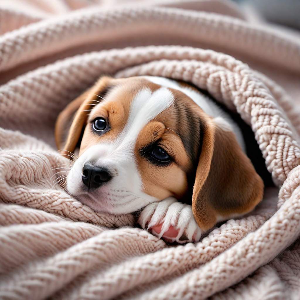 Sleepy Beagle Puppy Nestled in a Blanket