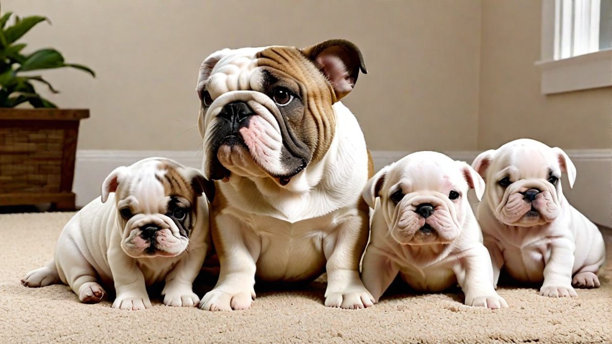Cuddly Bulldog Puppies with Their Mother