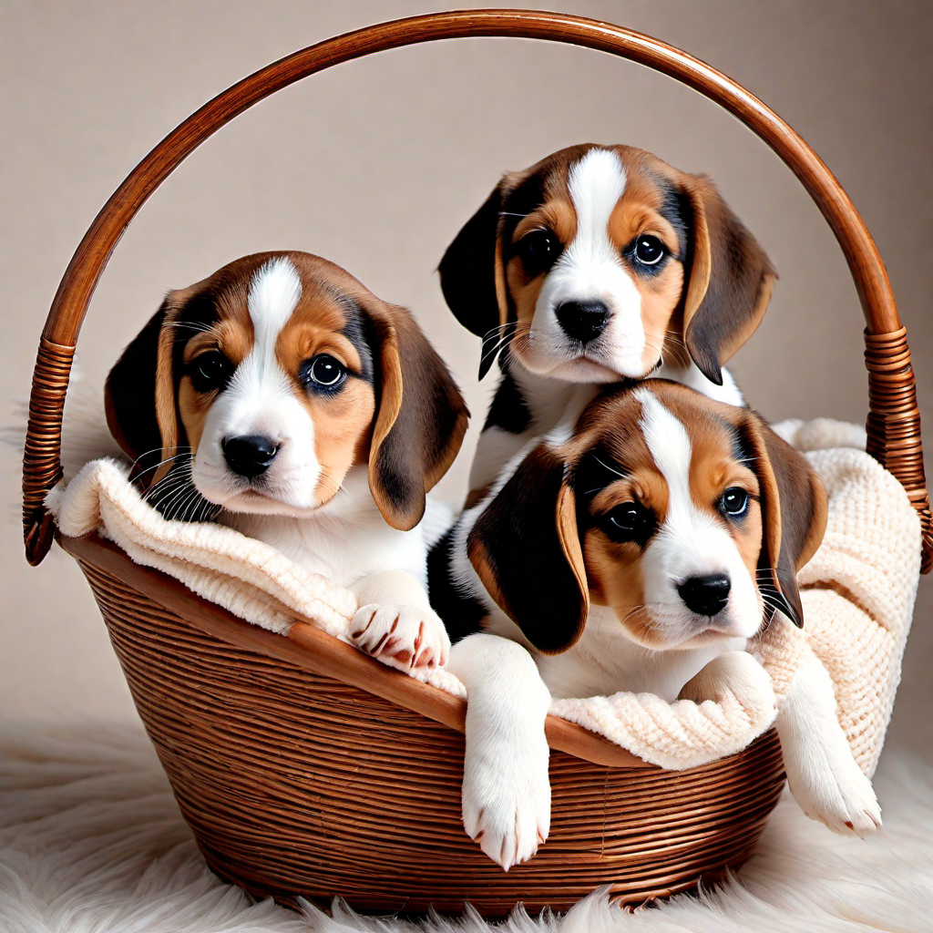 Beagle Puppies Piling Together in a Basket