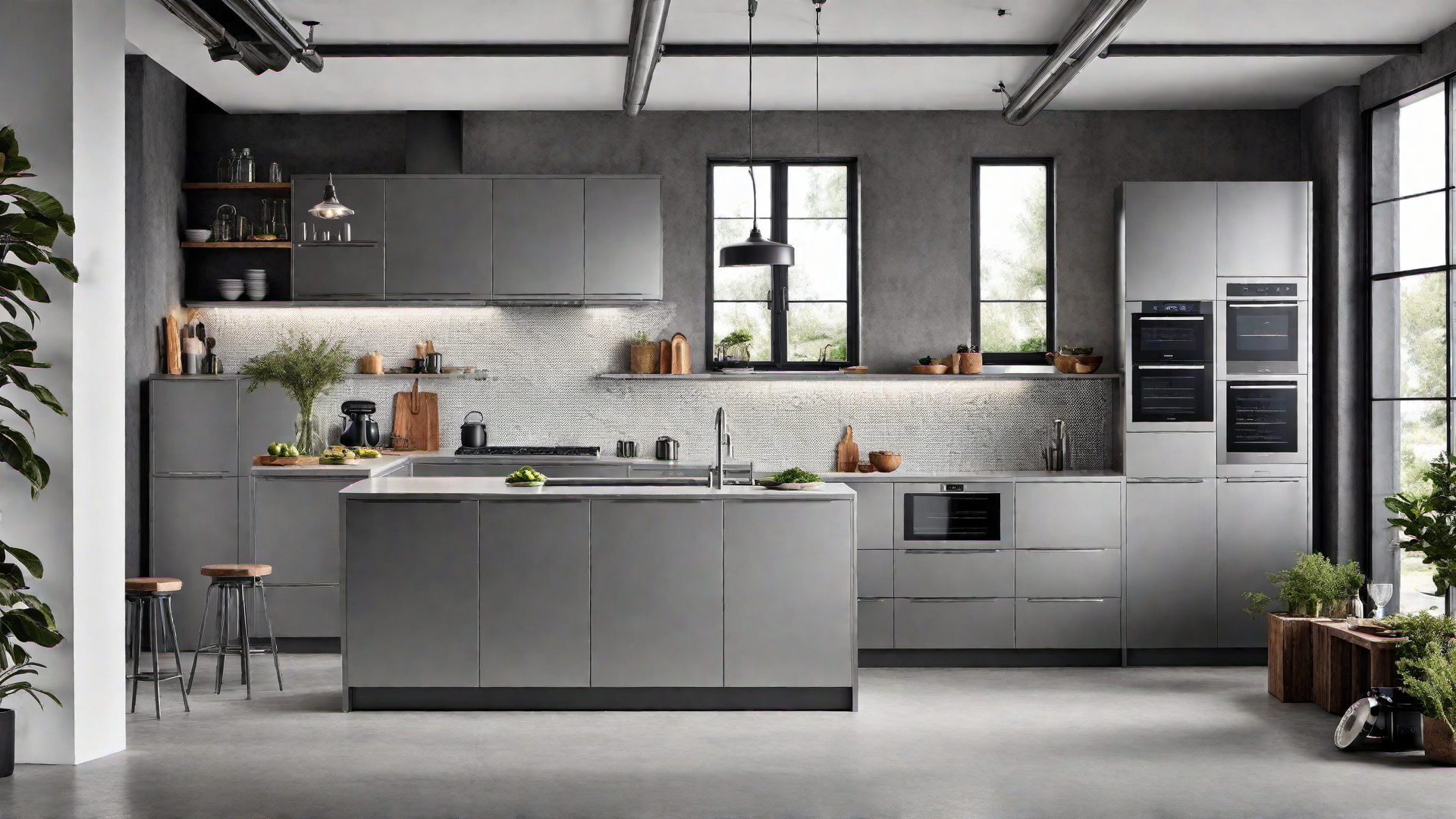Industrial Style Grey Kitchen with Stainless Steel Accents