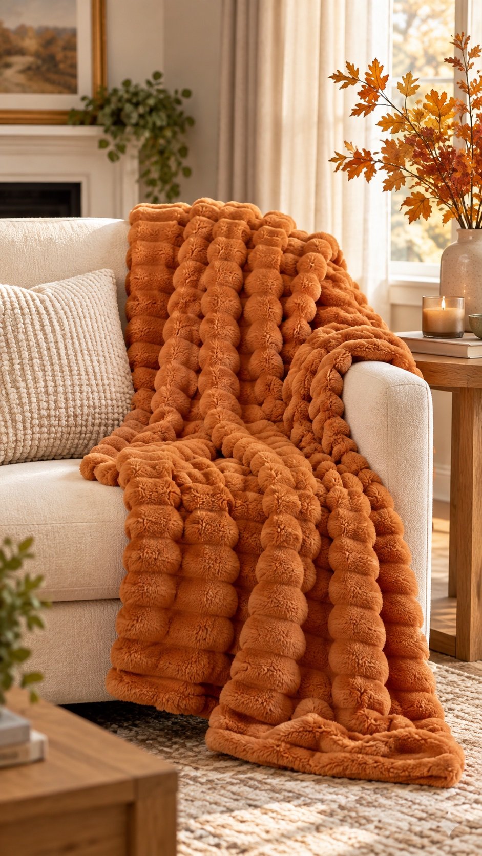 Burnt orange textured throw blanket draped over a cream living room chair