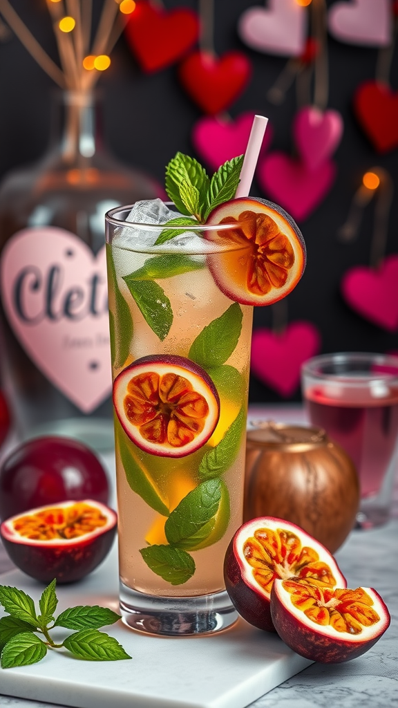 A refreshing Passionfruit Mojito cocktail garnished with mint and passionfruit slices.