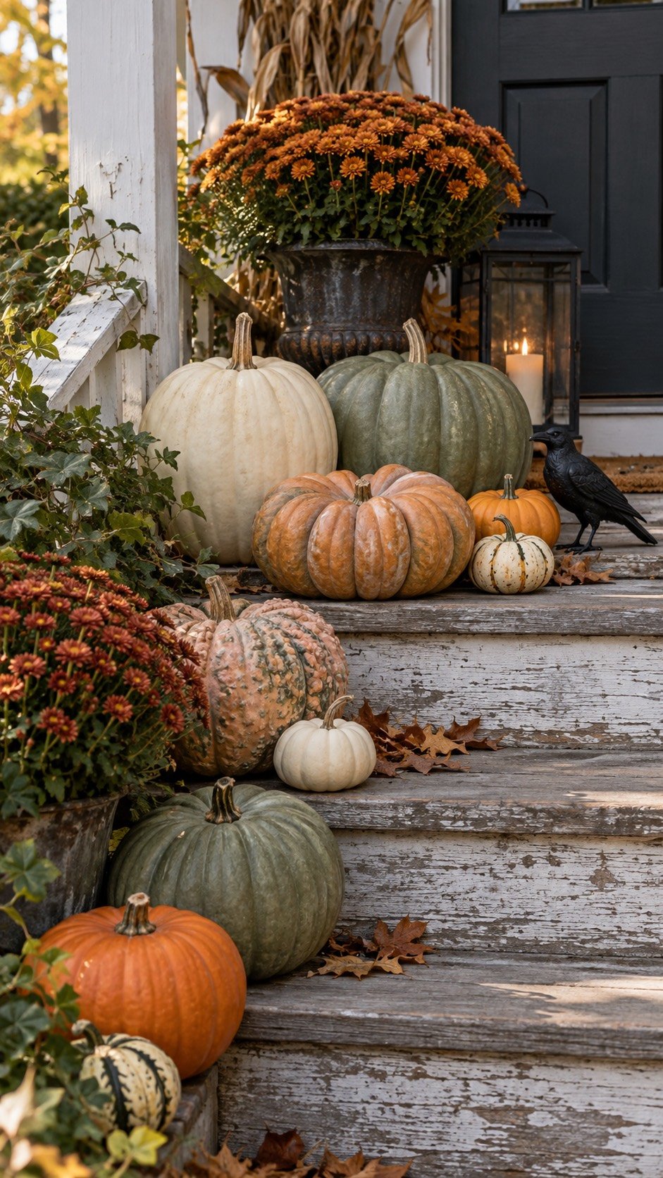 Mixed ivory, sage and orange pumpkins on porch steps
