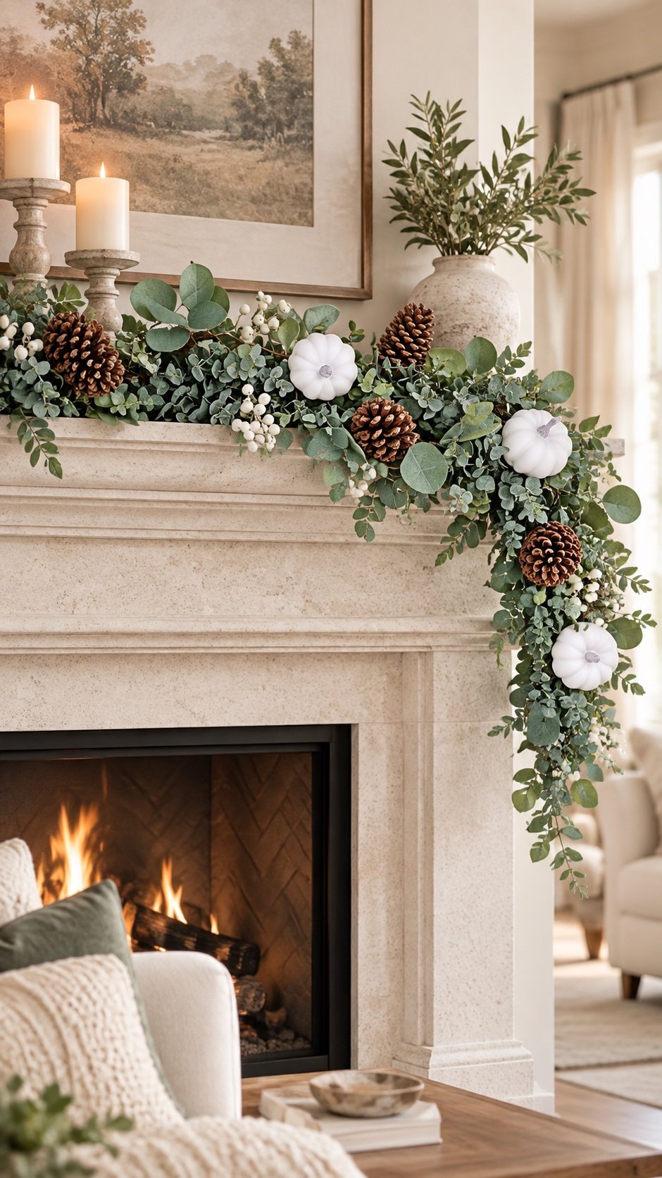 White pumpkin and eucalyptus fall garland arranged across a pale fireplace mantel