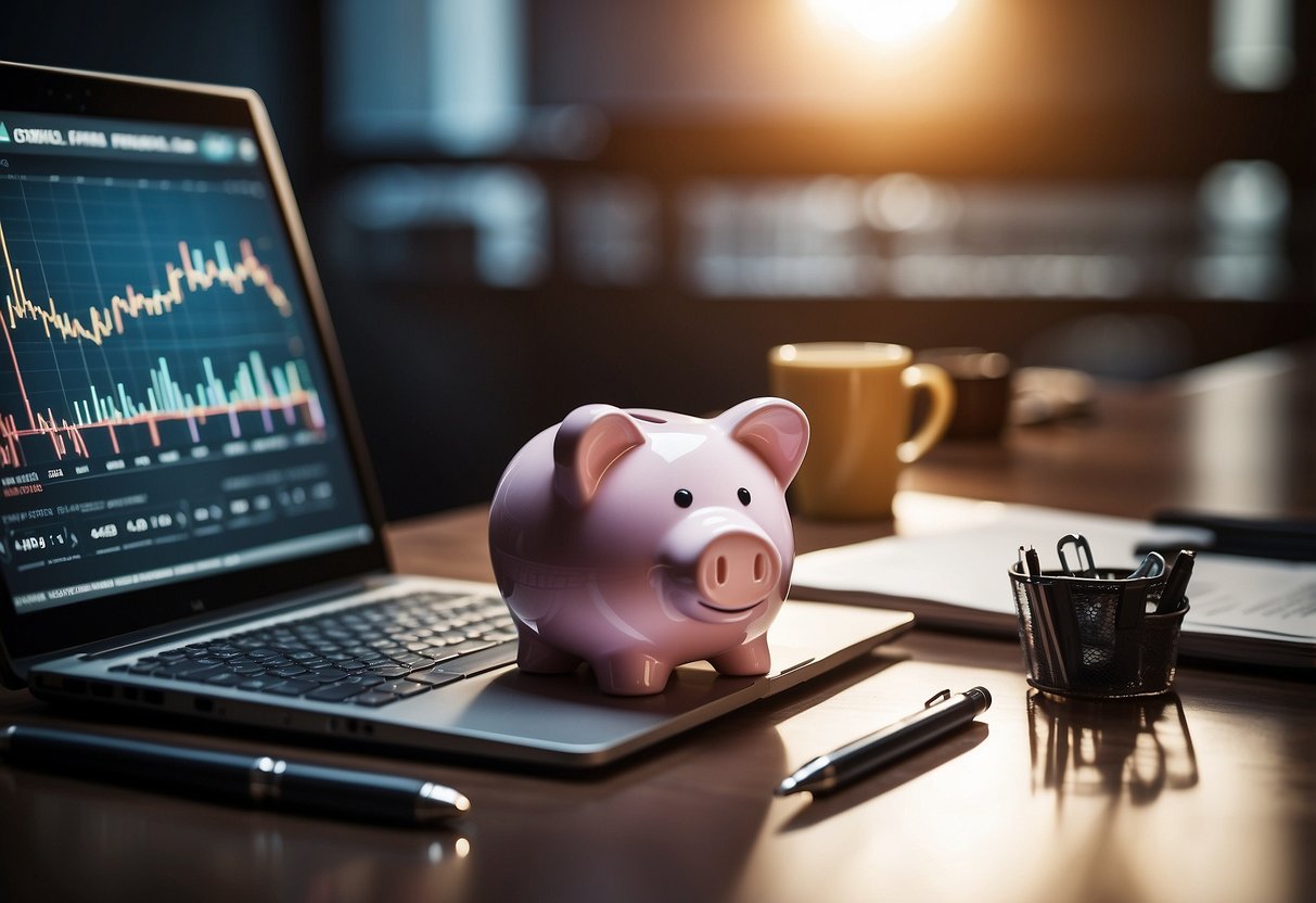 A desk with a laptop, notebook, and pen. A stack of financial books and a piggy bank. A chart showing financial growth