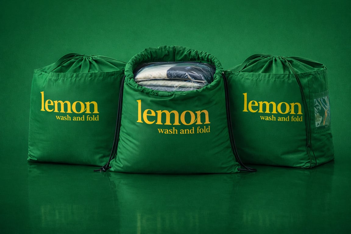 Premium wash-and-fold bags and neatly folded laundry