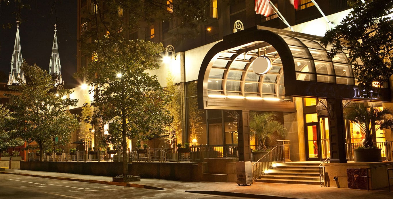 The DeSoto Savannah hotel entrance in Savannah, Georgia at night