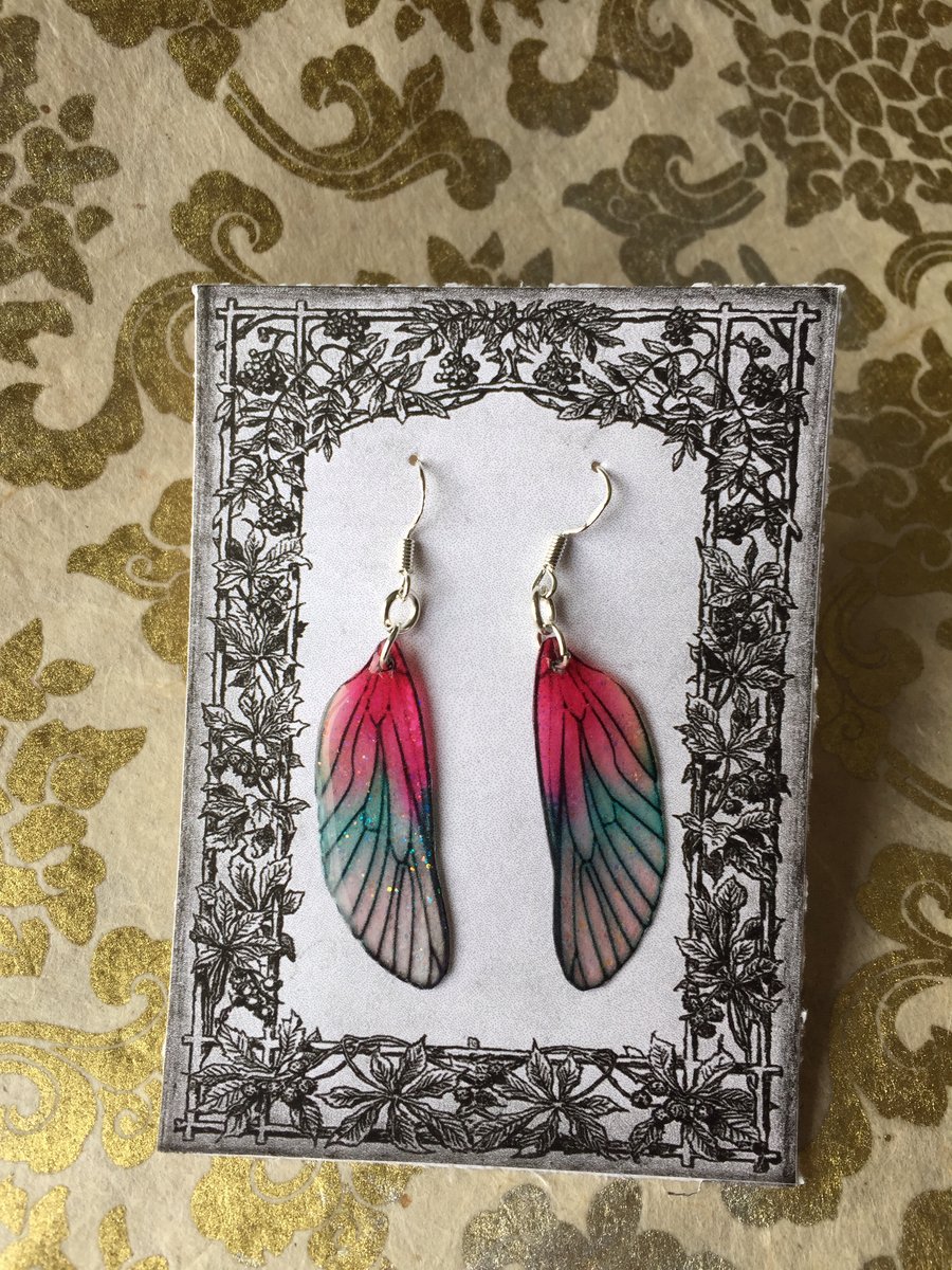 Sparkling Rose Pink and Green Iridescent Sterling Silver Fairy Wing Earrings