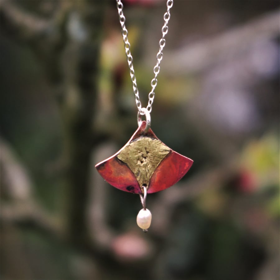 Copper and Brass Necklace with Dangly Freshwater Pearl 
