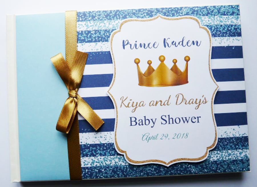 Prince birthday guest book, gold crown blue and gold guest book