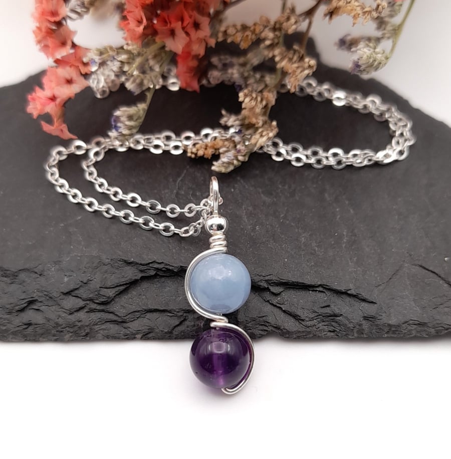 Aquarius Star Sign Pendant, Amethyst and Angelite Gemstone Necklace