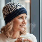 Petrol Blue & White hand knitted beanie in 100% wool