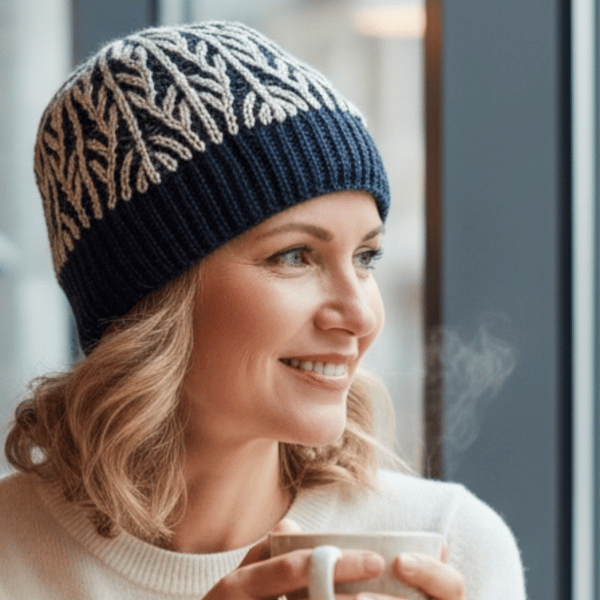 Petrol Blue & White hand knitted beanie in 100% wool