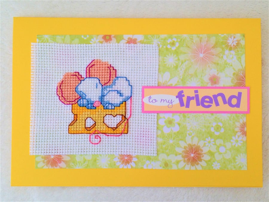 Mouse and cheese cross stitch card with the wording 'To my friend'