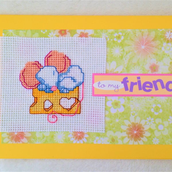 Mouse and cheese cross stitch card with the wording 'To my friend'