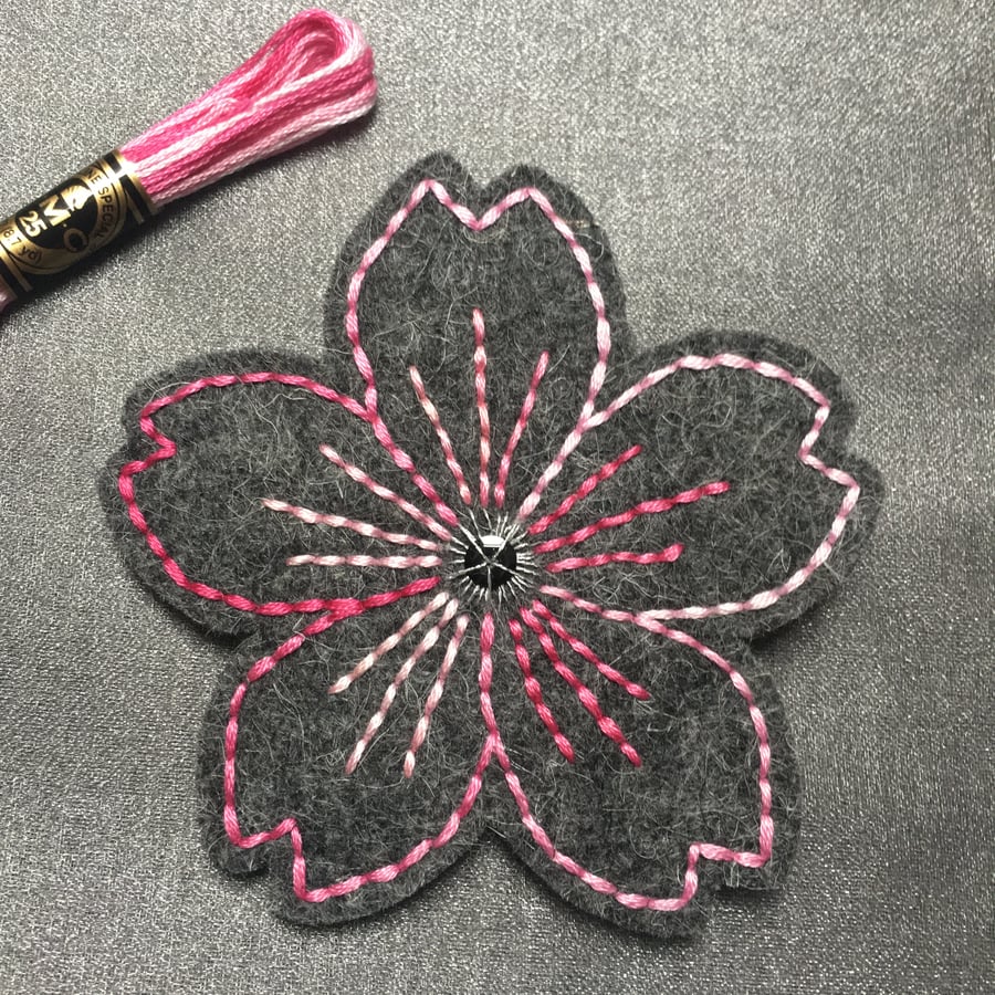 Pink Embroidered Cherry Blossom Flower Brooch