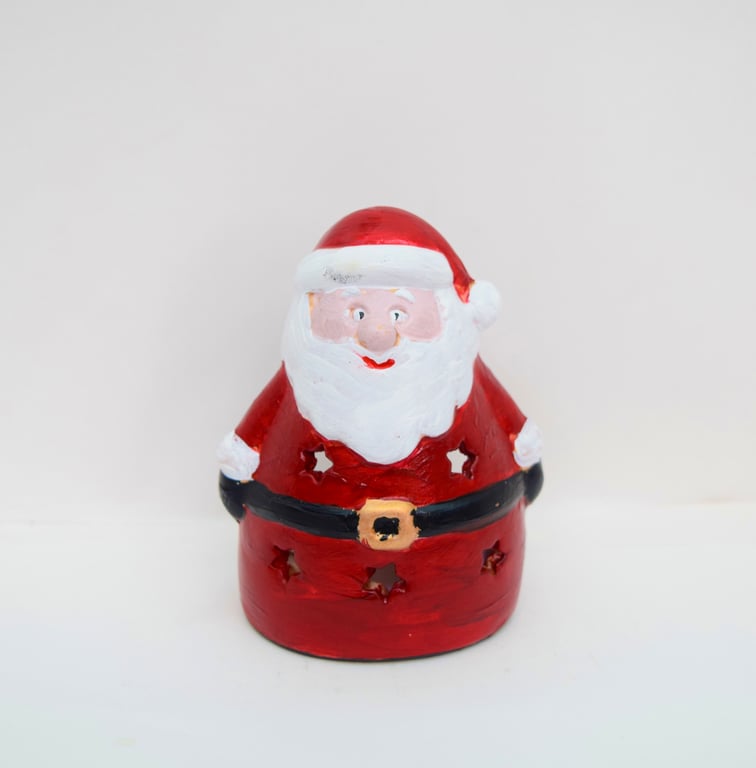 Hand-Painted Santa Tea Light Holder - Ceramic Christmas Candle Holder
