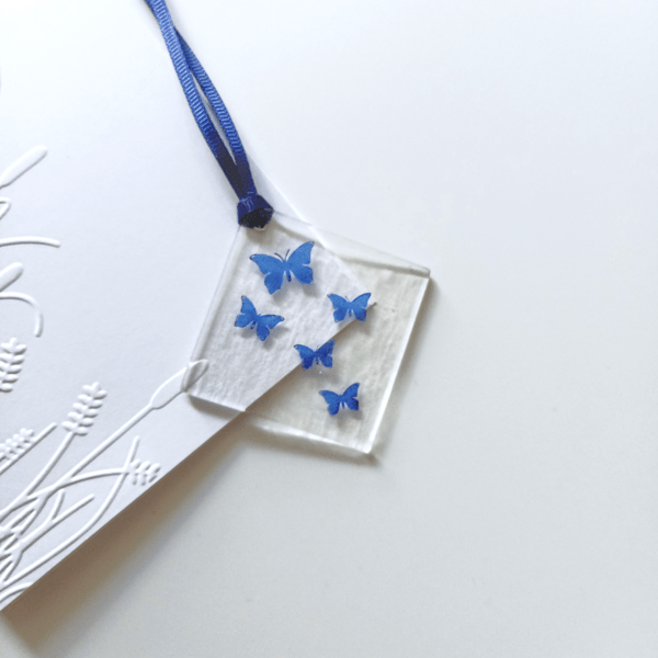 Embossed Meadow Greetings Card with Fused Glass Hanger, Blue Butterflies