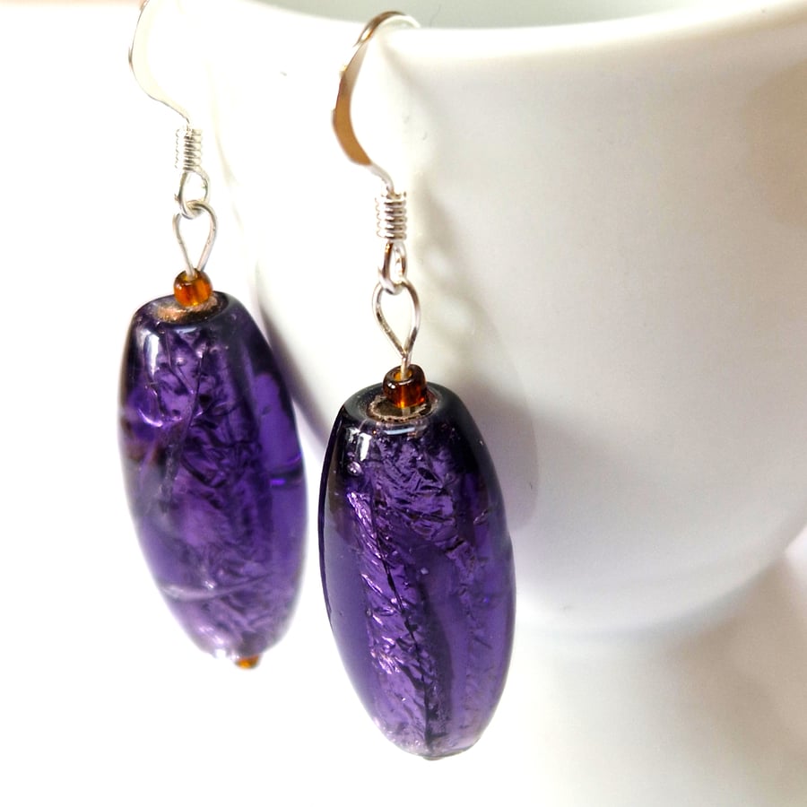 Purple Recycled Art Deco Glass Bead Earrings with Sterling Silver Ear Hooks