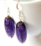 Purple Recycled Art Deco Glass Bead Earrings with Sterling Silver Ear Hooks